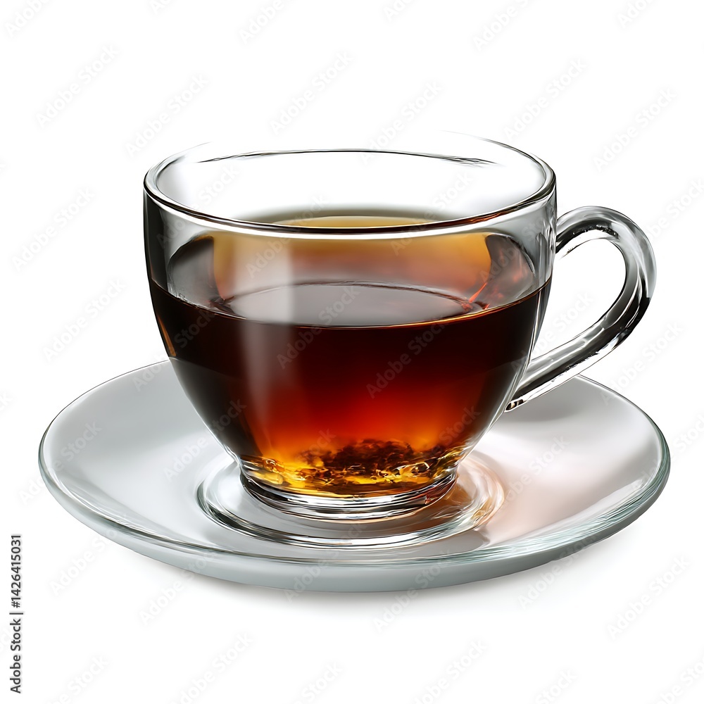 A clear glass cup filled with black tea sits on a white saucer, isolated against a clean white background A clear glass cup filled with black tea sits on a white saucer, isolated against a clean white background