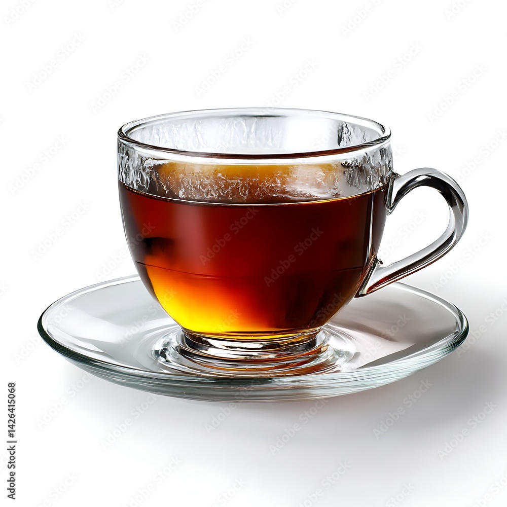 A clear glass cup filled with black tea sits on a white saucer, isolated against a clean white background A clear glass cup filled with black tea sits on a white saucer, isolated against a clean white background