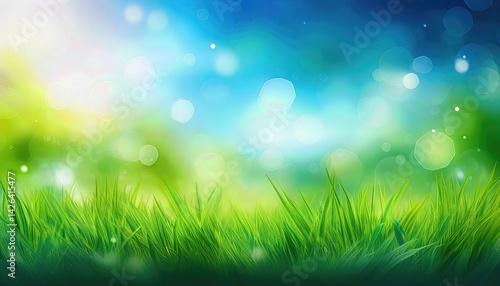 Vibrant Earth Abstract, Celebrating the Spirit of World Environment Day with Bokeh Blue Sky and Lush Green Grass, Encapsulating Serene Sustainable Beauty and Optimism for a Greener Future.