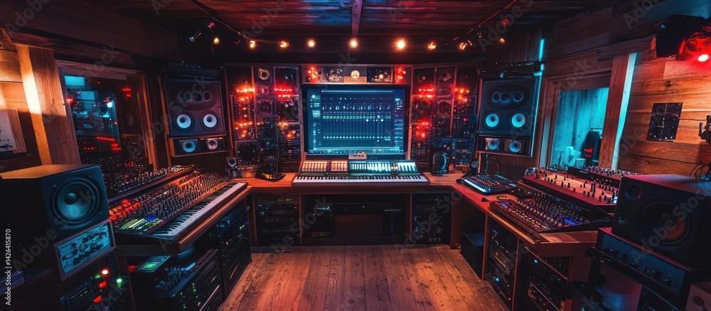 Obraz premium Home Recording Studio Interior, Music Production Workspace, Cozy Vibe, Audio Equipment