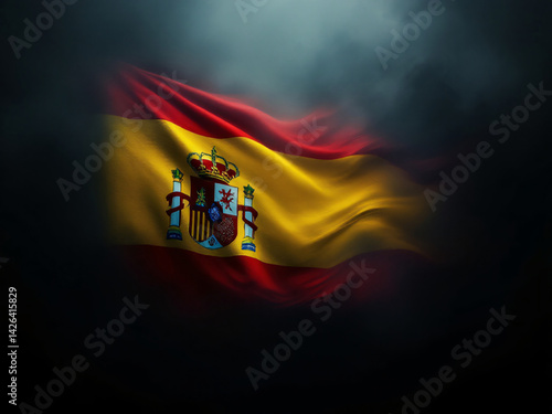 Spanish flag waving in dark background with coat of arms.