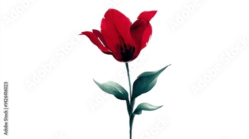 Single red tulip on white background, watercolor painting style.