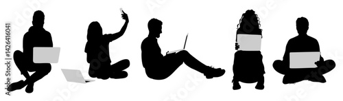 Set of People using laptop silhouettes. Different men, women working online, surfing internet with computer, sitting on the floor. Vector isolated on transparent background.