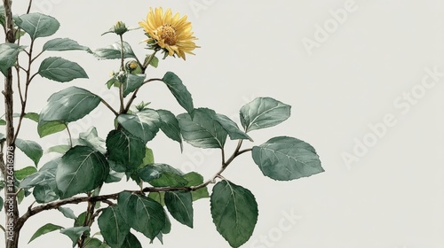Close up of a single yellow sunflower with green leaves against a light gray background. 