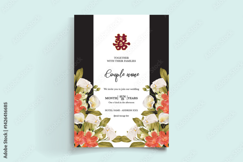 Obraz premium WEDDING INVITATION FRAME WITH FLOWER DECORATIONS AND FRESH LEAVES