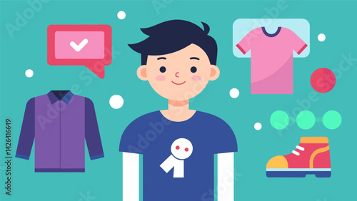 A teenage boy sharing his top fashion picks for kids in a sponsored TikTok video showcasing trendy styles and accessories.. Vector illustration