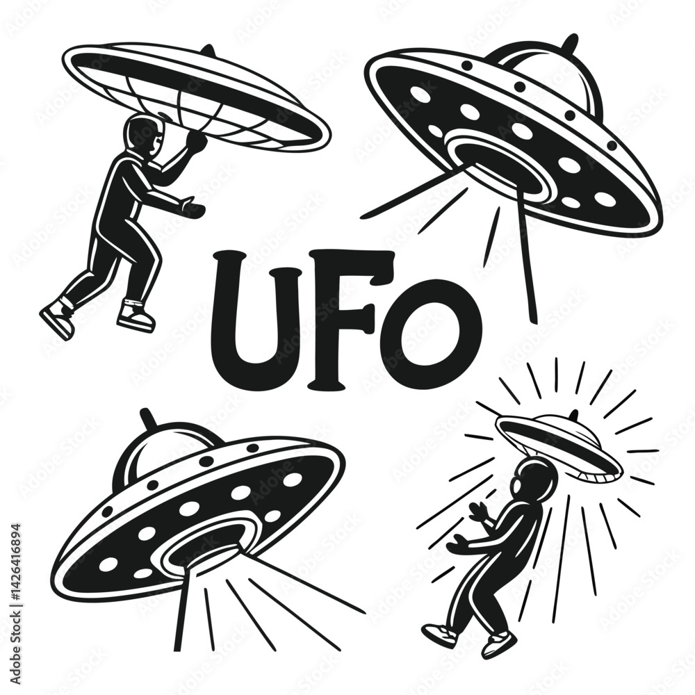 Retro UFO Abduction Illustrations Black and White Retro UFO Abduction Illustrations Black and White
