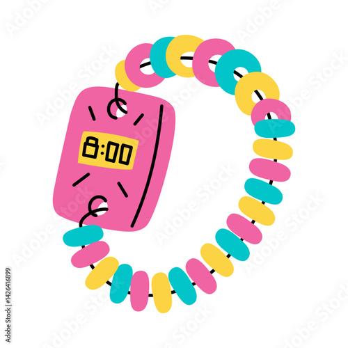 bracelet made of sweet candies from the 90s. Flat color illustration. Wristwatches made of candy from the 2000s. Sugar jelly beans. Sweet candy. Isolated on a white background. A sweet gentle