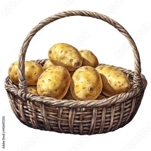 Yellow potato on basket watercolor art illustration transparent background isolated png stock