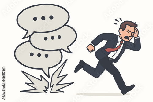 Overwhelmed Businessman Fleeing Communication Overload: Vector Illustration of Stressed Executive Escaping Barrage of Messages for Corporate Stress Management Concepts