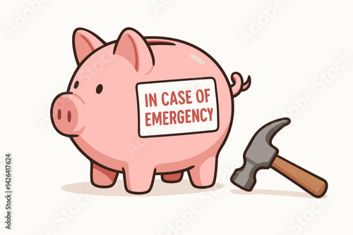 Emergency Savings Piggy Bank with Hammer Vector Illustration, Financial Security Concept, Break Glass in Case of Emergency Fund, Budget Crisis Management, Money Reserve Cartoon Design