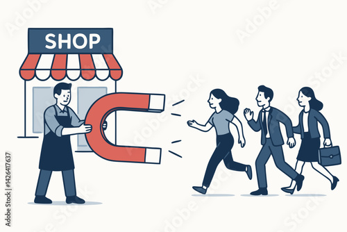Customer Attraction Vector Illustration with Shop Owner Using Magnet to Draw Customers, Business Marketing Strategy Concept in Flat Design Style for Retail Success and Client Acquisition
