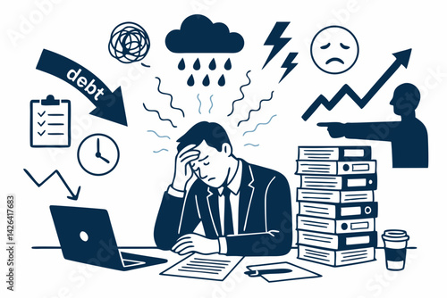 Workplace Stress Vector Illustration: Overwhelmed Businessman with Burnout Symptoms, Deadline Pressure, Financial Anxiety and Information Overload in Modern Office Environment