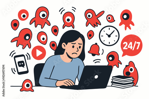 Digital Overwhelm: Woman Struggling with Constant Notifications, Social Media Pressure, and 24/7 Connectivity while Working on Laptop, Vector Illustration