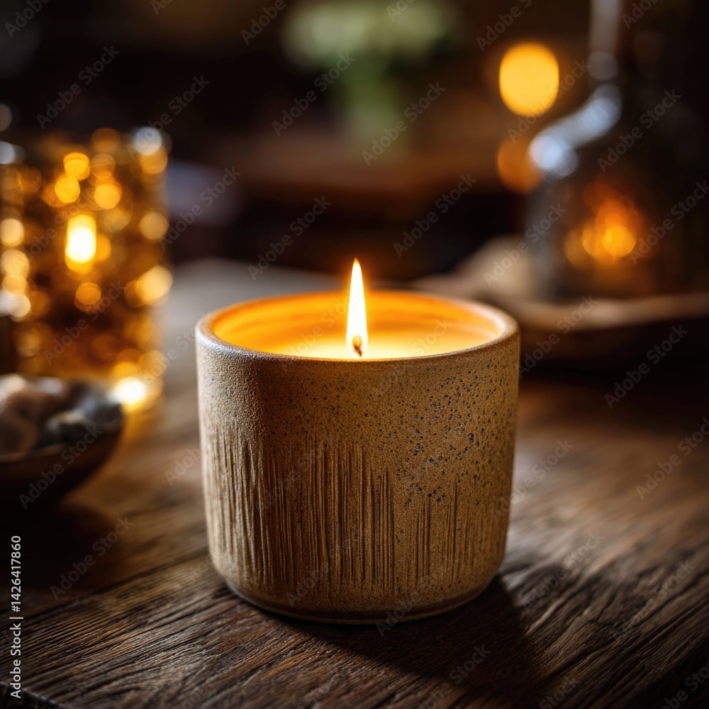 Wooden table with lit candle Wooden table with lit candle