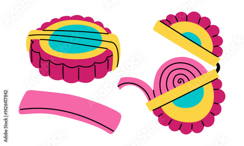 set of chewing gum in a roll. package with a long strip of chewable candy is open. Insulated pink chewing gum. Bright flat color doodle illustration. Isolated on white. Chewing gum of the 90s, 2000s