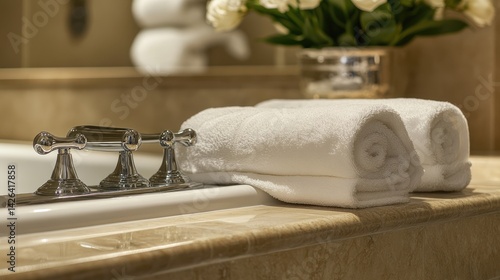 Mounted chrome shelves near tub with luxury spa items neatly arranged