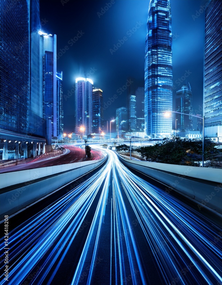 Fototapeta premium Blue Light Trails on City Street at Night. 
