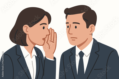 Professional Business Communication Vector Illustration: Corporate Colleagues Sharing Confidential Information, Office Secrets, Workplace Whisper in Minimalist Style for Marketing and Presentations