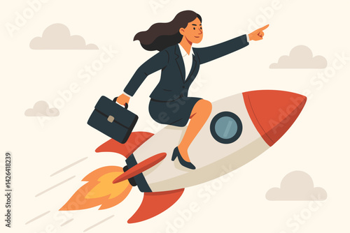 Ambitious Businesswoman Riding Rocket to Success Vector Illustration, Female Entrepreneur Leadership Concept, Career Growth Metaphor, Professional Woman Pointing Forward, Business Vision Flat Design