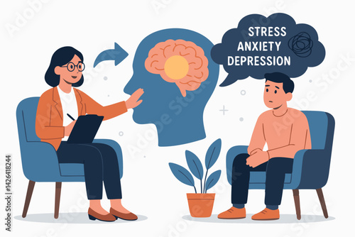 Mental Health Therapy Session Vector Illustration with Psychologist Helping Patient Understand Anxiety, Stress and Depression Symptoms through Brain Visualization in Modern Flat Style Design