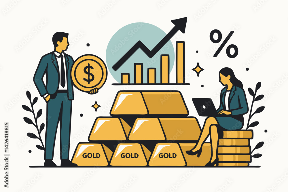 Financial Success Vector Illustration with Business Professionals Analyzing Gold Investment Growth Strategy and Market Performance Charts for Wealth Management and Portfolio Diversification Financial Success Vector Illustration with Business Professionals Analyzing Gold Investment Growth Strategy and Market Performance Charts for Wealth Management and Portfolio Diversification