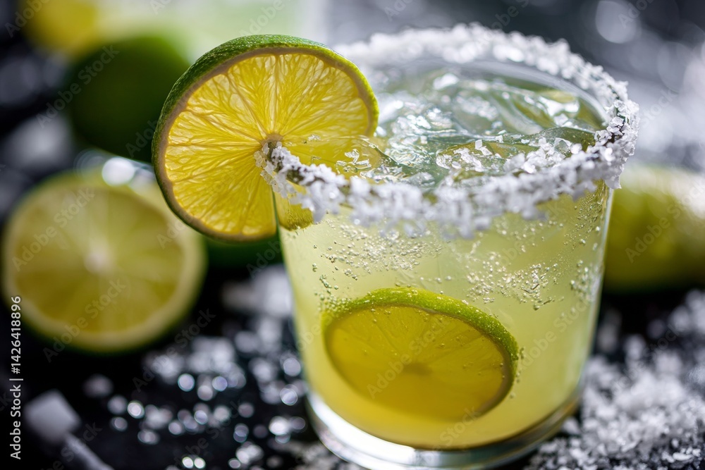 Margarita cocktail with lime and salt rim.