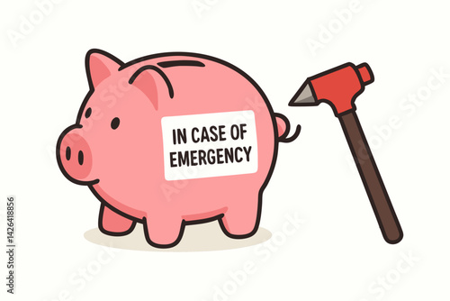 Emergency Fund Piggy Bank with Hammer Vector Illustration - Financial Security Concept for Savings, Budget Crisis, Money Management, and Economic Safety - Break Glass in Case of Emergency Symbol