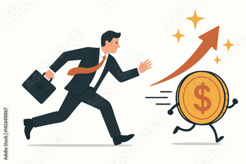 Business Success Vector Illustration with Ambitious Businessman Chasing Dollar Coin and Growth Chart, Financial Achievement Concept for Investment, Profit, and Wealth Building Strategy