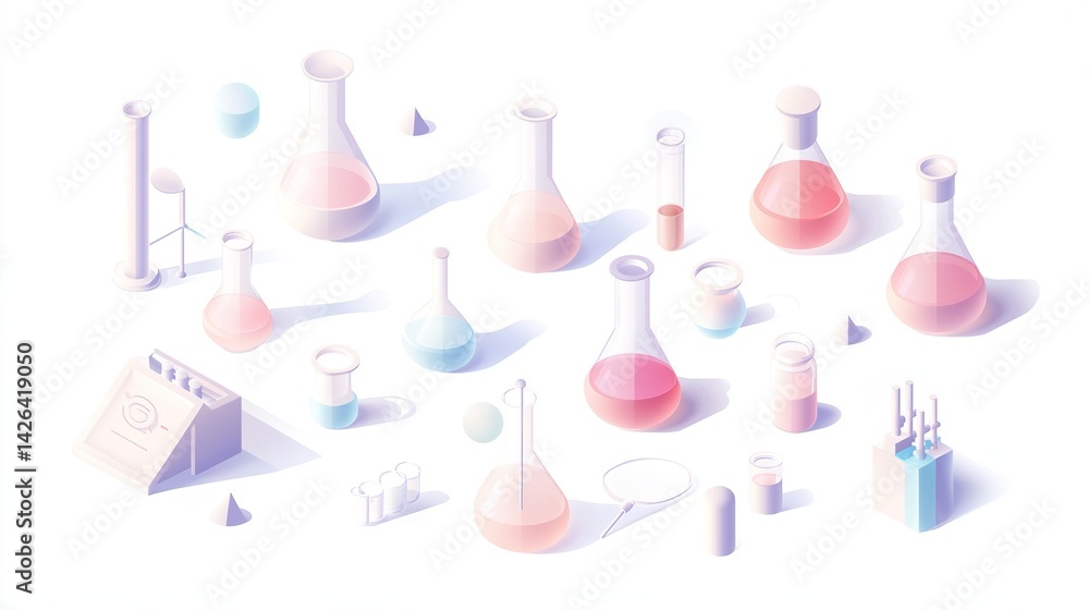 Minimalist isometric 3d vector chemical laboratory icon set of pastel flasks, burners and scientific equipment with geometric shadows on solid white background. Minimalist isometric 3d vector chemical laboratory icon set of pastel flasks, burners and scientific equipment with geometric shadows on solid white background.