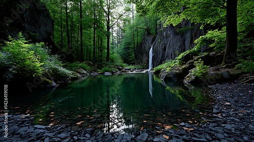 Forest Waterfall Pool Reflection