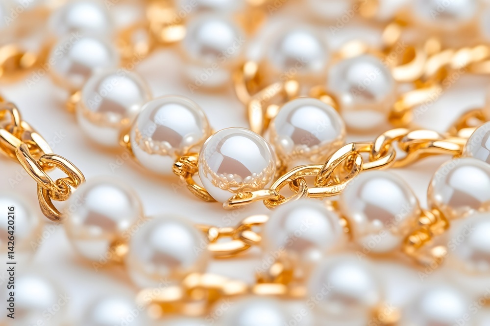 Close-up of lustrous white pearls strung on a gold chain necklace Close-up of lustrous white pearls strung on a gold chain necklace
