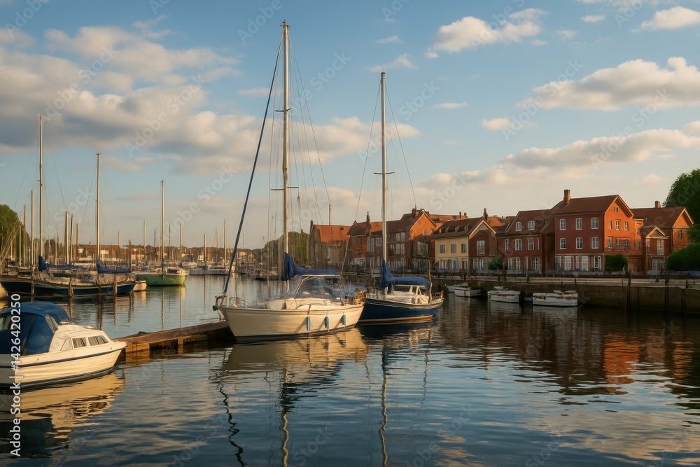Serene Harbor Scene with Boats and Calm Water at Sunset Serene Harbor Scene with Boats and Calm Water at Sunset