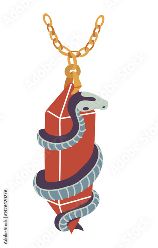 magic pendant with a crystal wrapped around a snake. The witch's marks. Color flat illustration. Projects in the genre of fantasy and magic. Ideal for use in books, games, or jewelry embodying