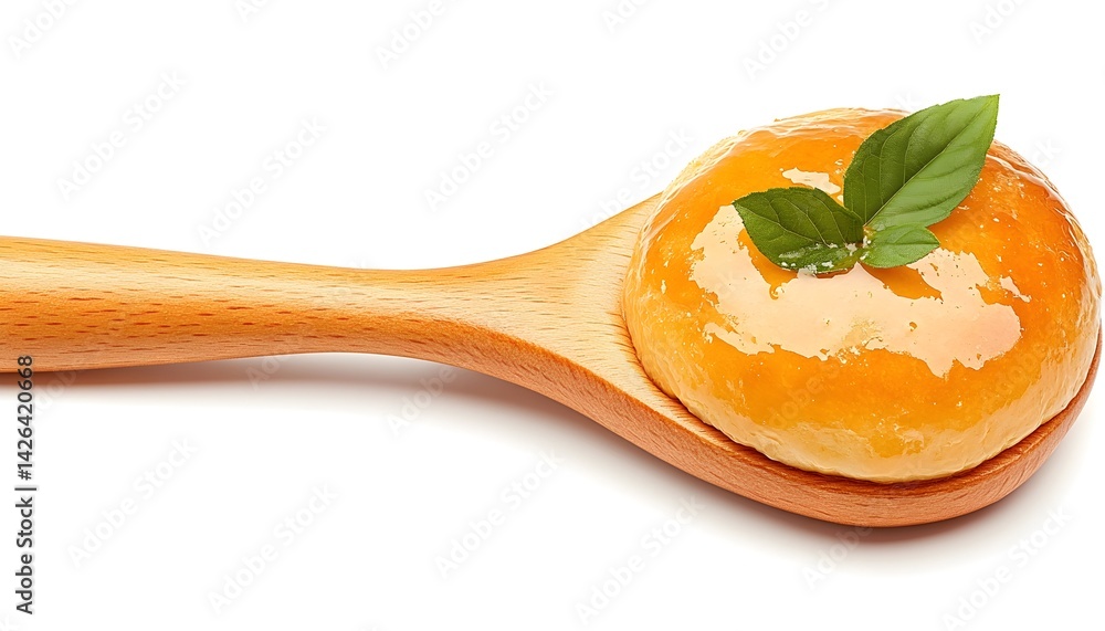 Glazed pastry on wooden spoon, isolated on white