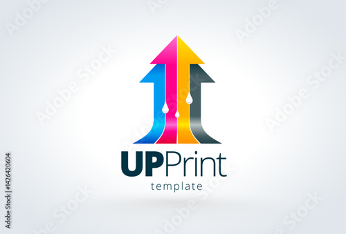 Up Print. Printing logo. Cmyk Arrows actoins stripes and drops ink. Template design vector. White background