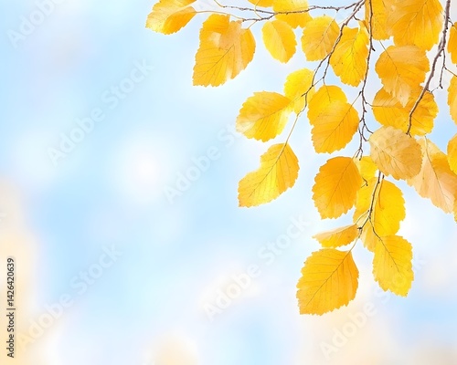 Golden autumn leaves on branch against a bright blue sky