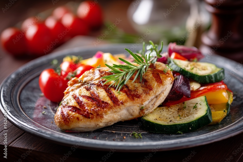 Grilled chicken breast with vegetables.