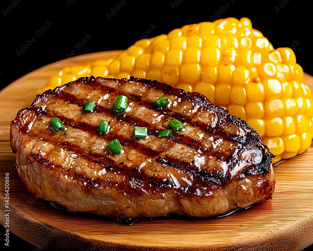 Grilled pork chop with grilled corn on the cob on wooden board