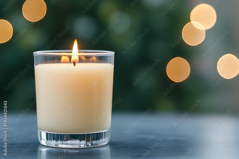 Lit candle in glass jar on table with bokeh background