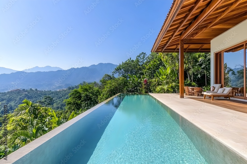 Infinity pool overlooking lush green mountains and valley