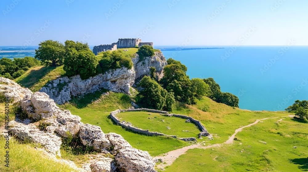 Hilltop castle ruins overlooking a calm sea under a clear blue sky
