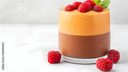 Layered dessert parfait with chocolate and orange layers, topped with fresh raspberries and mint