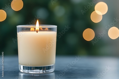 Obraz na płótnie Lit candle in glass jar on table with bokeh background w salonie