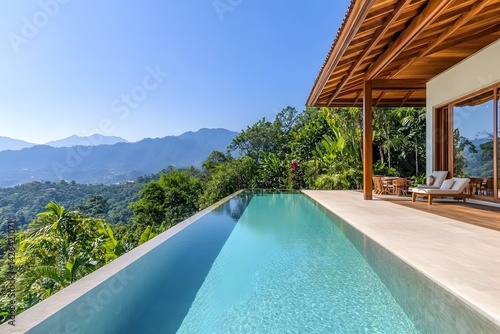 Obraz na płótnie Infinity pool overlooking lush green mountains and valley w salonie