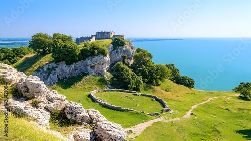 Obraz na płótnie Hilltop castle ruins overlooking a calm sea under a clear blue sky w salonie