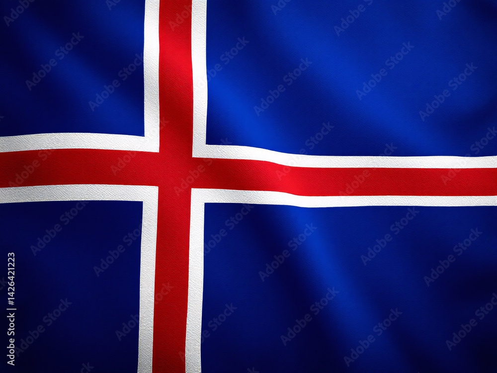 Naklejka premium Icelandic flag waving in the wind, vibrant blue, red, and white colors.