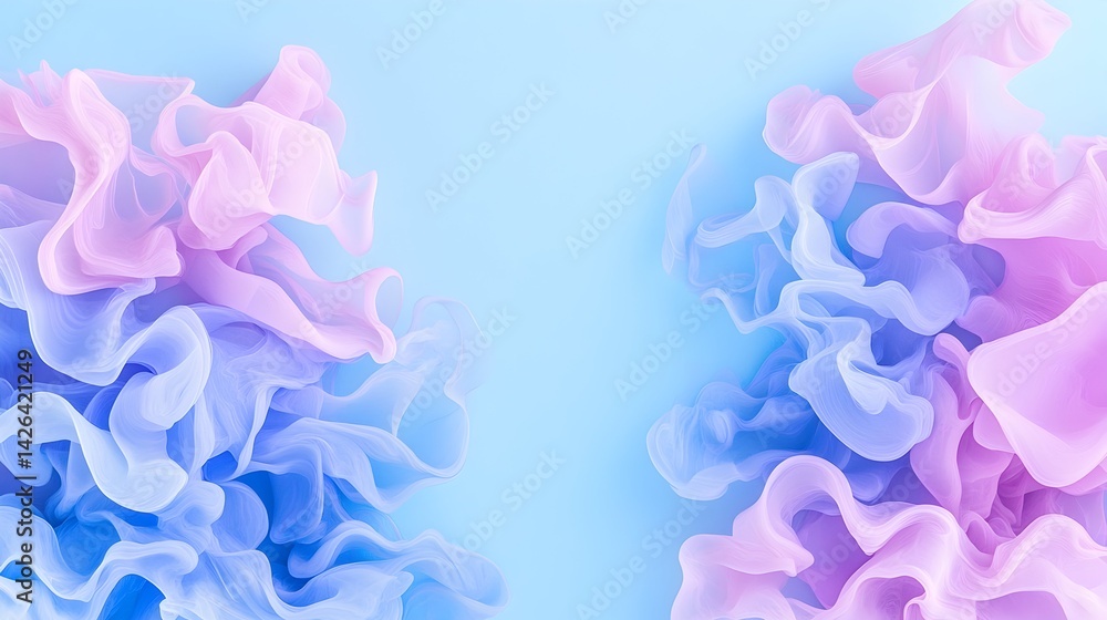 Pastel pink and blue abstract swirls on light blue background