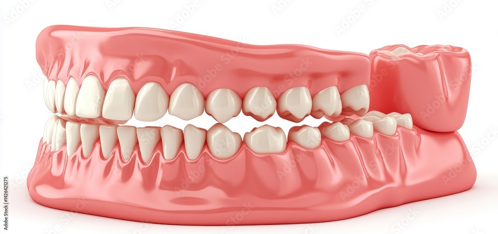A medically accurate 3D illustration of human teeth and gums is presented in a white style A medically accurate 3D illustration of human teeth and gums is presented in a white style