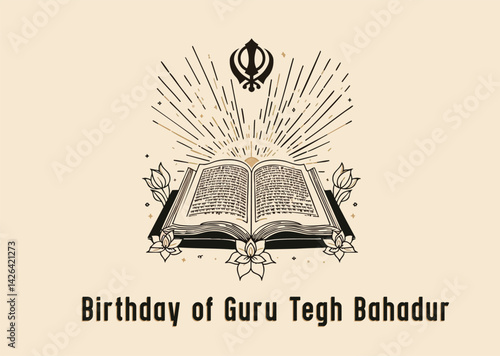 Guru Tegh Bahadur Birthday Illustration with Sacred Sikh Symbols, holy book, and Floral Design
